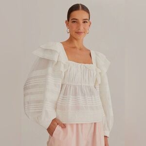 Farm Rio Off White Square Neckline Puff Sleeve Cotton Blouse Size Medium